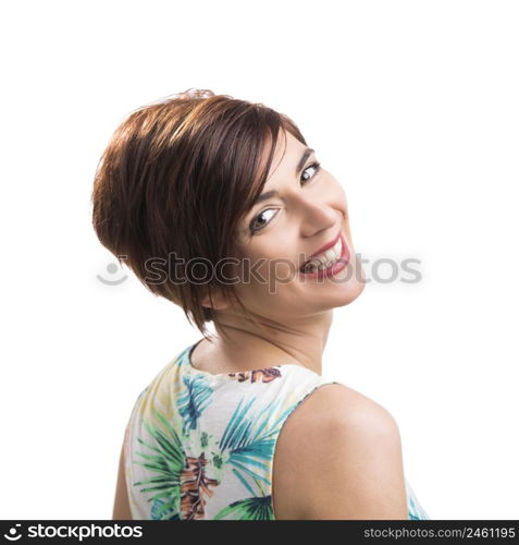 Portrait of a beautiful woman looking back and smiling, isolated over a white background