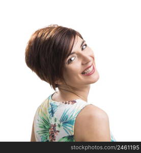 Portrait of a beautiful woman looking back and smiling, isolated over a white background