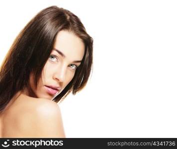 portrait of a beautiful woman looking over her shoulder. portrait of a beautiful woman looking over her shoulder on white background