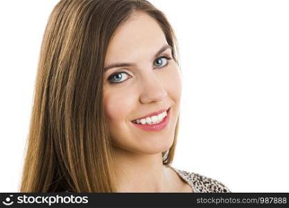 Portrait of a beautiful woman smiling, isolated on white