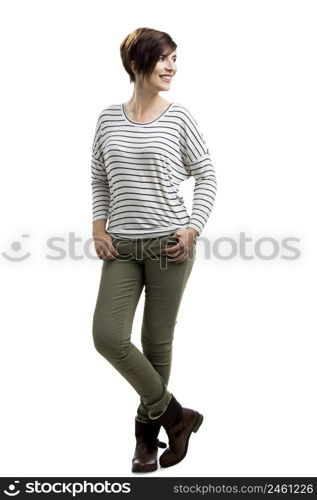 Portrait of a beautiful woman smiling, over a white background. Beautiful woman