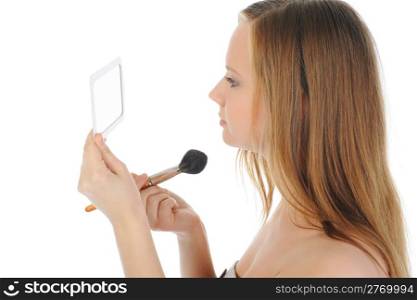 Portrait of a beautiful woman with a brush. Isolated on white background
