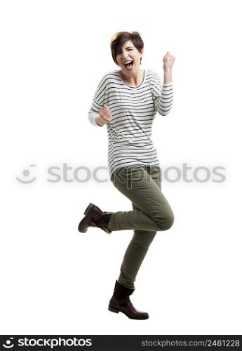 Portrait of a beautiful woman with arms on the air, over a white background. Happy woman