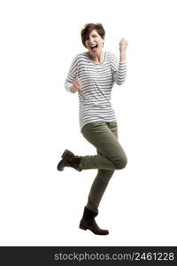 Portrait of a beautiful woman with arms on the air, over a white background. Happy woman