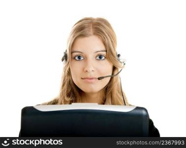 Portrait of a beautiful woman working on a callcenter
