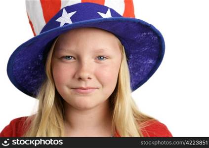 Portrait of a beautiful young American girl wearing a patriotic hat. Isolated on white.
