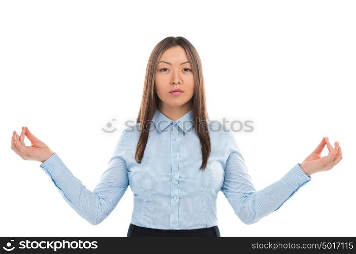 Portrait of a beautiful young business woman standing with hand opened in yoga meditation pose isolated on white background