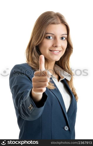 Portrait of a beautiful young business woman with thumbs up celebrating success - Focus is on the model