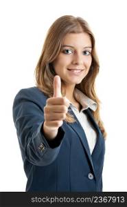 Portrait of a beautiful young business woman with thumbs up celebrating success - Focus is on the model