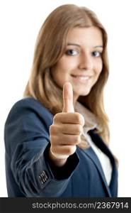 Portrait of a beautiful young business woman with thumbs up celebrating success - Focus is on the Hand