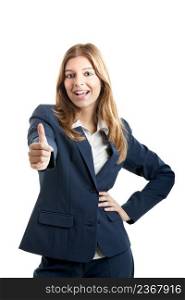 Portrait of a beautiful young business woman with thumbs up celebrating success