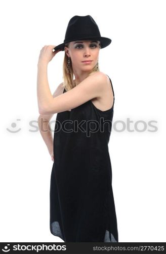 Portrait of a beautiful young girl in a hat. Isolated on white background