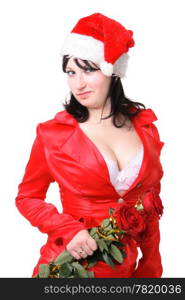 Portrait of a beautiful young woman in a red suit and hat of Santa Claus with red roses on the white background