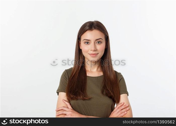 Portrait of a beautiful young woman looking at the camera and smiling, isolated on a white background. Portrait of a beautiful young woman looking at the camera and smiling, isolated on a white background.