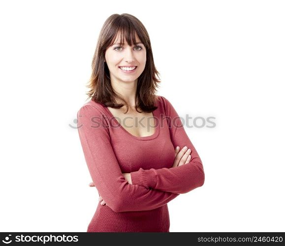 Portrait of a beautiful young woman looking at the camera and smiling, isolated on a white background