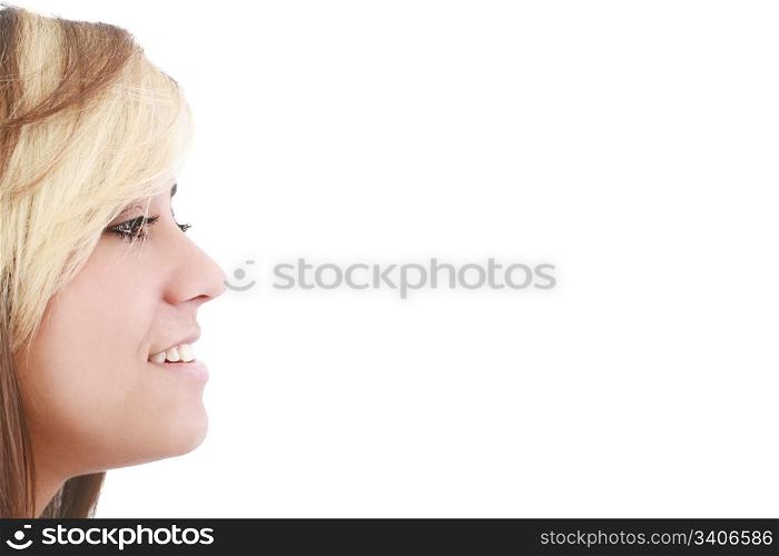Portrait of a beautiful young woman looking away at copyspace against white background
