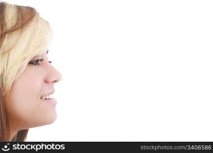 Portrait of a beautiful young woman looking away at copyspace against white background