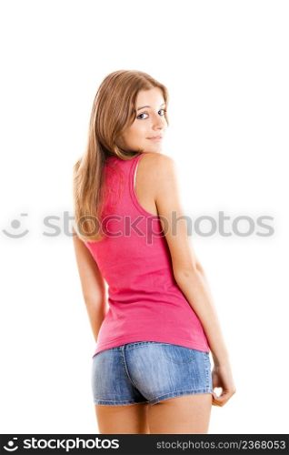 Portrait of a beautiful young woman looking back, isolated on white background