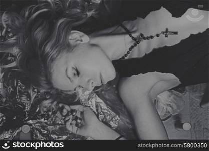 Portrait of a beautiful young woman lying closeup