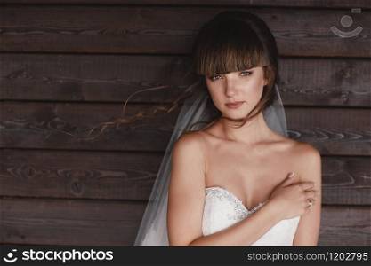 Portrait of a beautiful young woman. Makeup and hairstyle in bride. Close up. Wedding morning. Gentle, Tender emotion on the face.. Portrait of a beautiful young woman. Makeup and hairstyle in bride. Close up. Wedding morning. Gentle, Tender emotion on the face