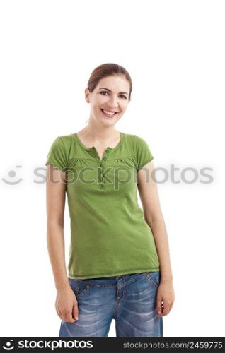 Portrait of a beautiful young woman smiling, isolated over white background