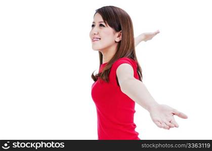 Portrait of a beautiful young woman stretching out her hands, isolated on white background