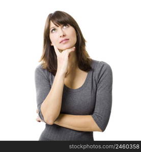 Portrait of a beautiful young woman thinking, isolated on white background