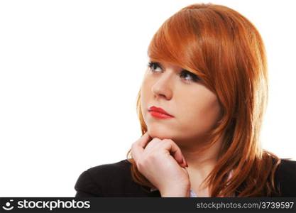 Portrait of a beautiful young woman thinking, isolated on white background