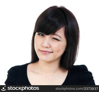 Portrait of a beautiful young woman winking, isolated on white background