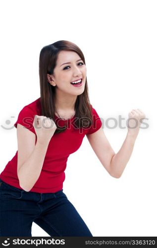Portrait of a beautiful young woman with her arms raised, isolated on white background