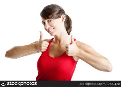 Portrait of a beautiful young  woman with thumbs up, isolated on white