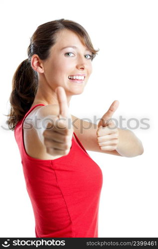 Portrait of a beautiful young woman with thumbs up, isolated on white