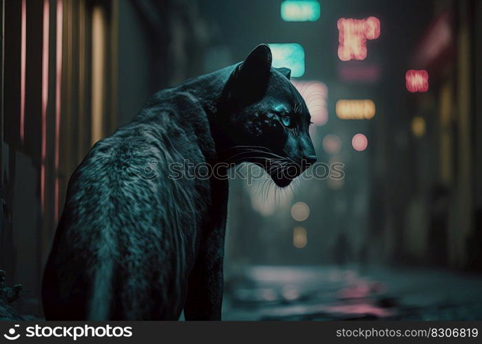 Portrait of a black leopard. Panther in urban city. Generative AI.