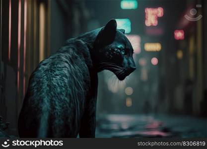 Portrait of a black leopard. Panther in urban city. Generative AI.