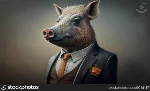 Portrait of a boar dressed in a formal business suit, generative ai