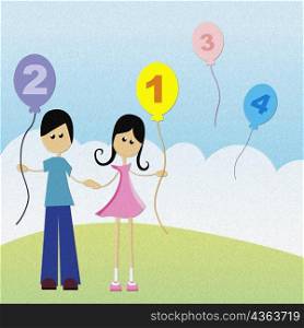 Portrait of a boy and a girl holding hands and a balloon