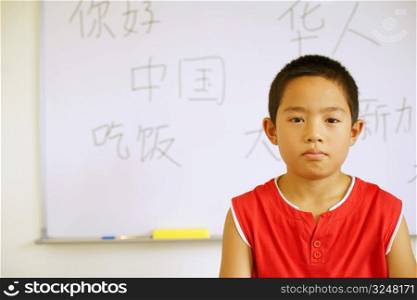 Portrait of a boy in front of a whiteboard in the classroom