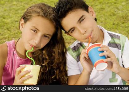 Portrait of a brother and sister drinking with straws