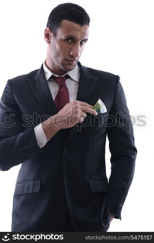 Portrait of a business man holding and catch falling money bills, isolated on white background in studio