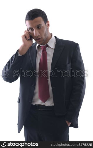 Portrait of a business man talk with cell mobile phone isolated on white background. Studio shot communication concept