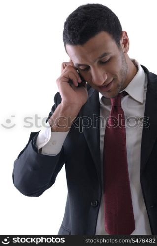 Portrait of a business man talk with cell mobile phone isolated on white background. Studio shot communication concept