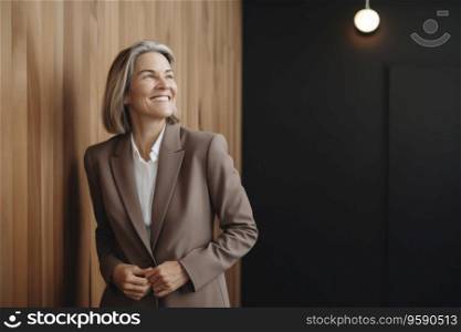 Portrait of a business mature woman standing, wearing eyeglasses in office looking at camera. AI Generative