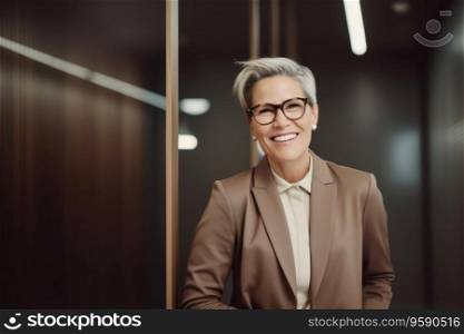 Portrait of a business mature woman standing, wearing eyeglasses in office looking at camera. AI Generative
