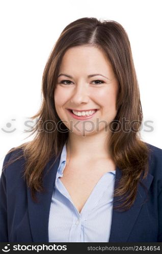 Portrait of a business woman smiling, isolated over white background