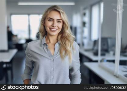 Portrait of a business woman standing at office looking at camera. AI Generative