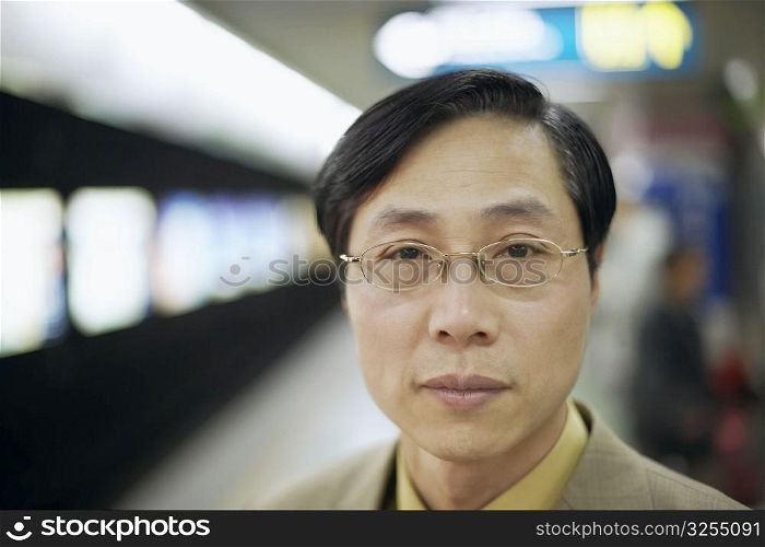 Portrait of a businessman at a subway station