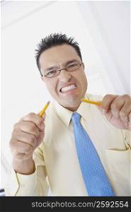 Portrait of a businessman holding broken pieces of a pencil