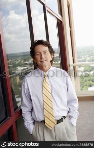 Portrait of a businessman leaning against a window