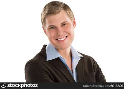 Portrait of a businessman standing with wide smile isolated against white background
