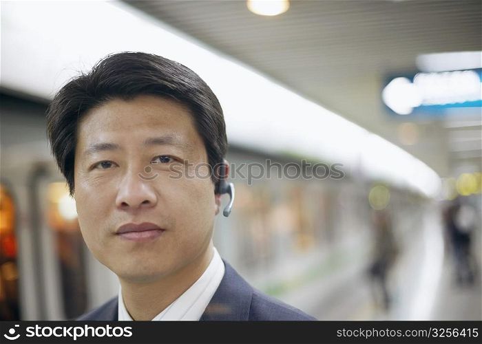Portrait of a businessman wearing a hands free device at a subway station